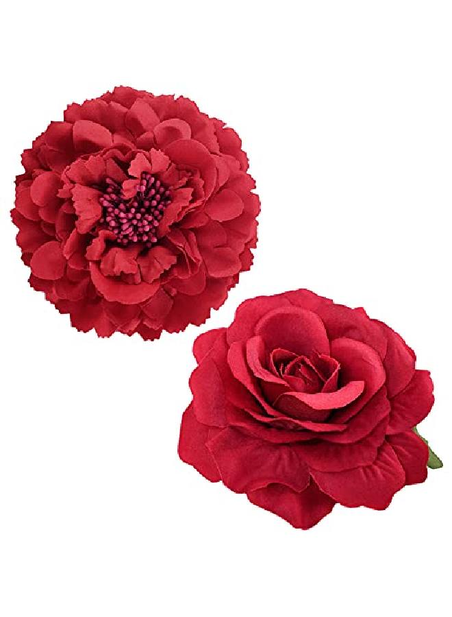 BETITETO Large Floral Hair Clips 8 Pieces Set Includes 4Pcs Peony Flower Hair Clips And 4Pcs Rose Flower Hair Barrette Accessories For Flamenco Dancer Beach Party Wedding Event (Pink+Red+White+Yellow) - Image 3