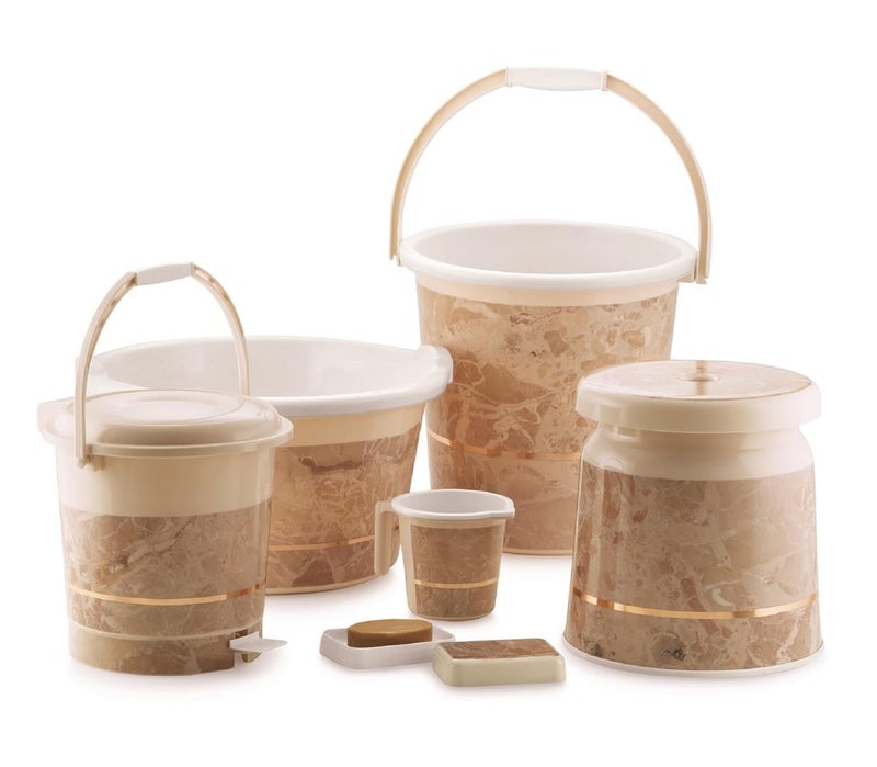 Liza Liza Orry 6 Pc Luxurious Complete Bathroom Set Accessory for Home Kitchen Bathroom Set Includes 20 L Bucket 18 L Tub Big Stool Dustbin and More with Granite Finish Beige  - Image 1