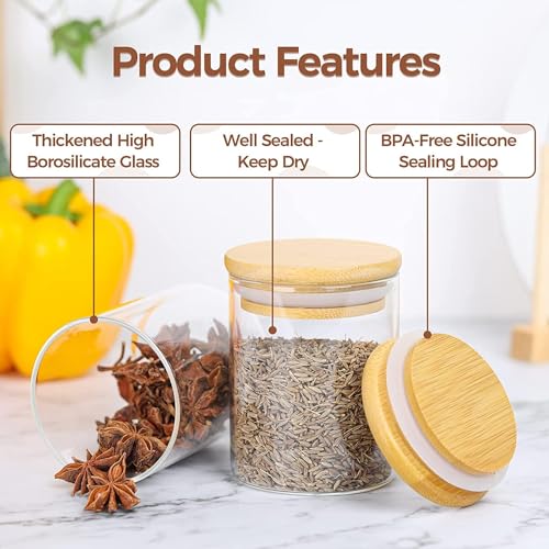 SILIVO Spice Jars with Airtight Bamboo Lid - 220ml Glass Spice Bottles, Set of 12 Seasoning Containers for Salt, Sugar, Coffee Beans - Set of 12 Round 220ml Jars with Wooden Lids - Image 2