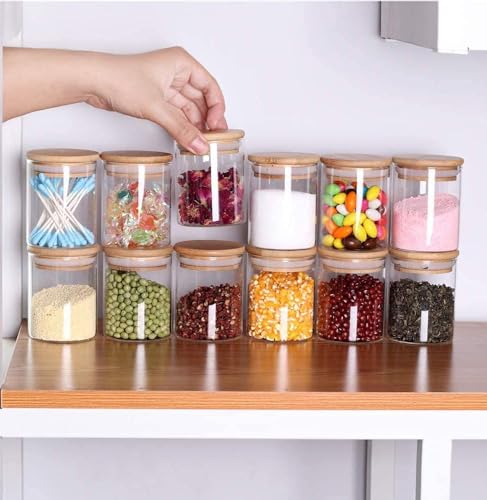 SILIVO Spice Jars with Airtight Bamboo Lid - 220ml Glass Spice Bottles, Set of 12 Seasoning Containers for Salt, Sugar, Coffee Beans - Set of 12 Round 220ml Jars with Wooden Lids - Image 1