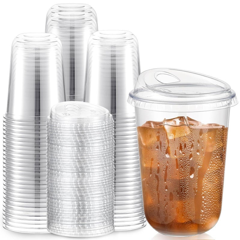 Baderke 100 Pcs Plastic Cups with Sip Lids Round Bottom Disposable Plastic Coffee Cups with Lids Clear Strawless Crystal Mugs for Iced Coffee Smoothie Cold Beverage Party Catering Supplies 16 oz - Image 3