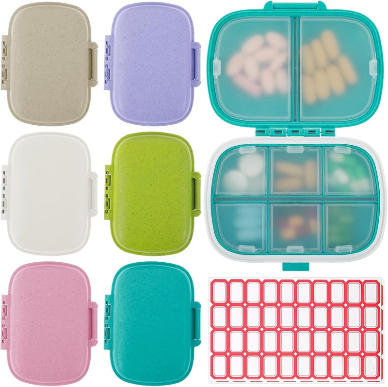 6 Pack Travel Pill Organizer 8 Compartments Portable Pill Case with Label Small Pill Container for Pocket Purse Medicine Storage Dispenser Waterproof Vitamin Holder Pill Supplement Case
