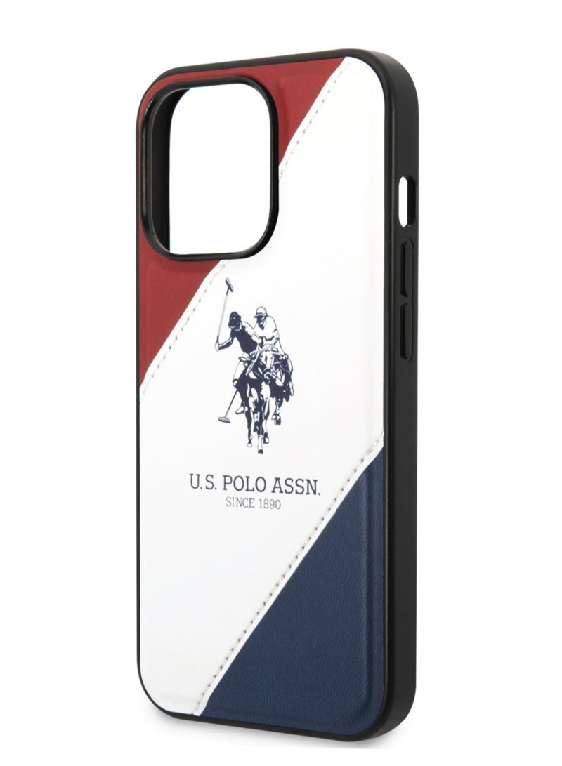 يو اس بولو غطاء جلد PU مع خط مزدوج منقوش وشعار حصان لهاتف آیفون 14 برو - احمر و ابيض و ازرق - Image 1