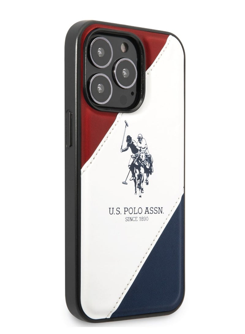 يو اس بولو غطاء جلد PU مع خط مزدوج منقوش وشعار حصان لهاتف آیفون 14 برو - احمر و ابيض و ازرق - Image 2