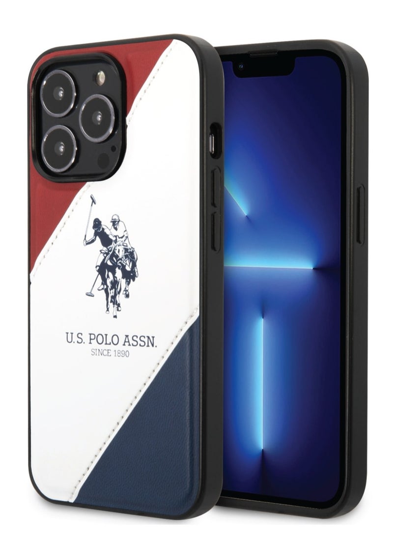 يو اس بولو غطاء جلد PU مع خط مزدوج منقوش وشعار حصان لهاتف آیفون 14 برو - احمر و ابيض و ازرق - Image 5