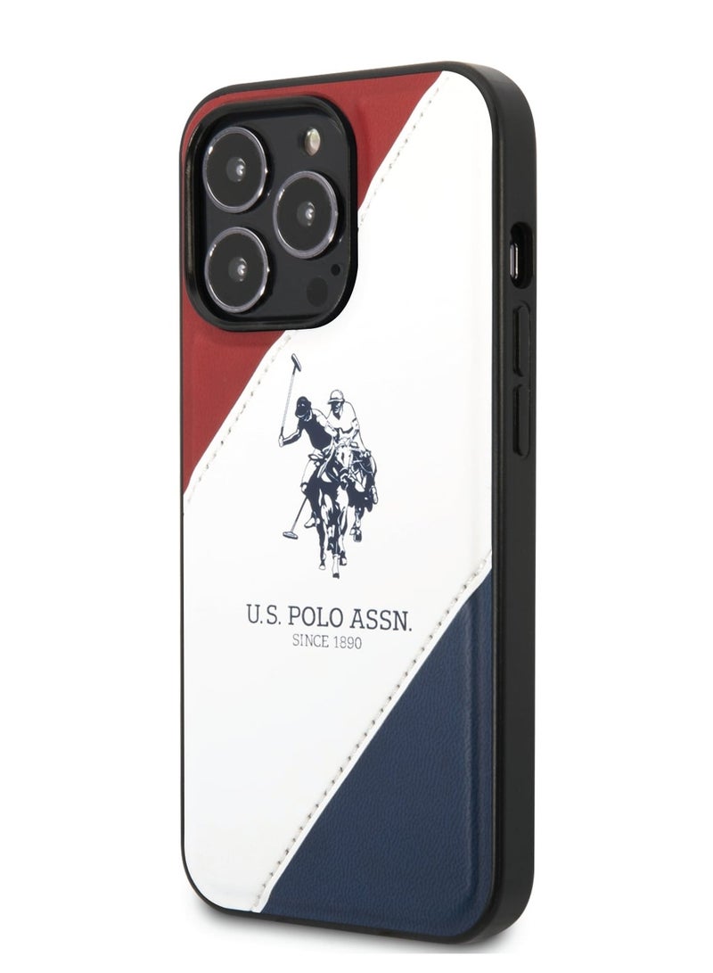 يو اس بولو غطاء جلد PU مع خط مزدوج منقوش وشعار حصان لهاتف آیفون 14 برو - احمر و ابيض و ازرق - Image 3