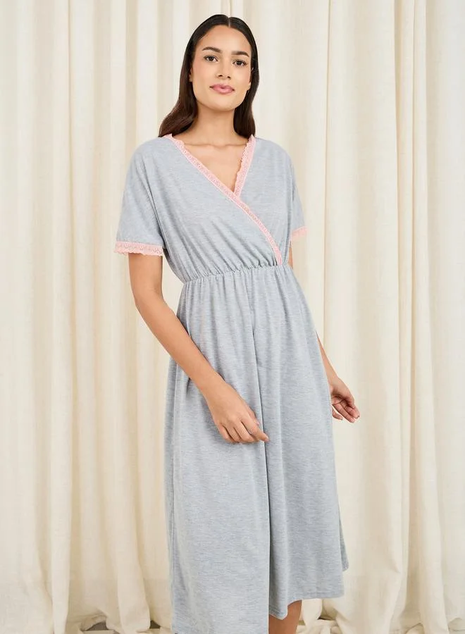 ستايلي Contrast Lace Trim Melange Wrap Style Nightdress