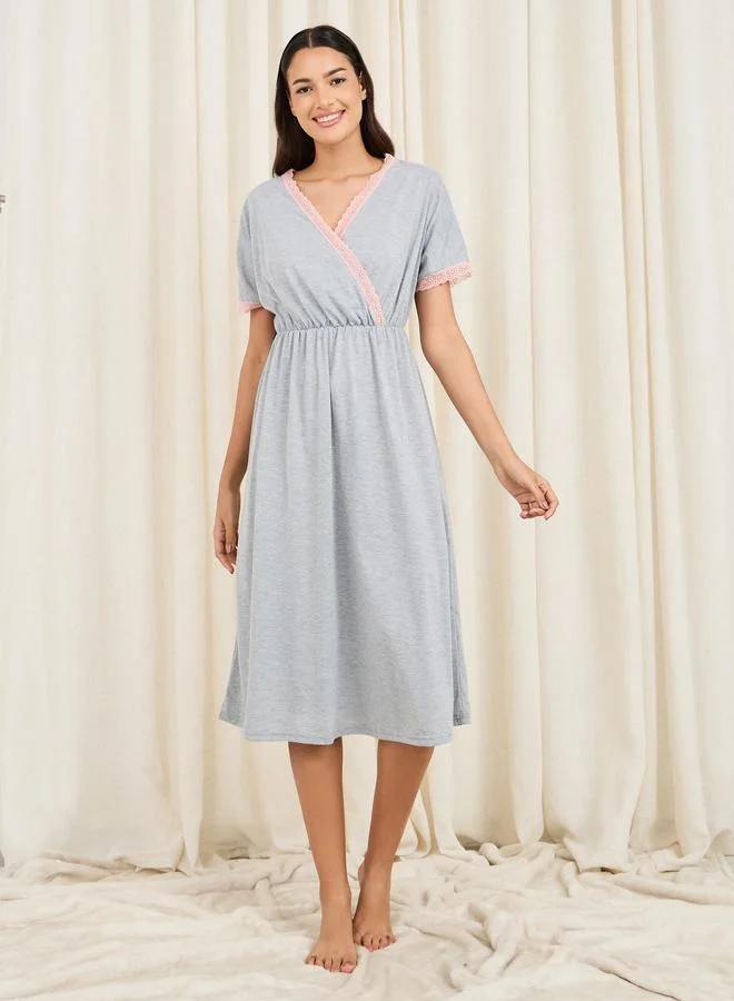 ستايلي Contrast Lace Trim Melange Wrap Style Nightdress