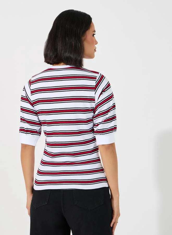 Styli Striped Placket Button V Neck T-Shirt