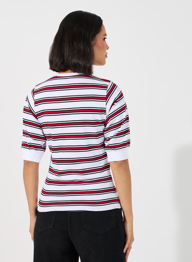 Styli Striped Placket Button V Neck T-Shirt  - Image 5