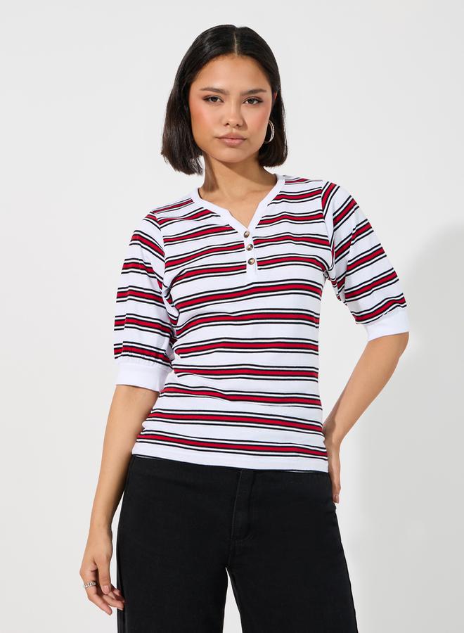 Styli Striped Placket Button V Neck T-Shirt  - Image 1