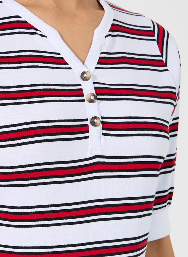 Styli Striped Placket Button V Neck T-Shirt  - Image 3