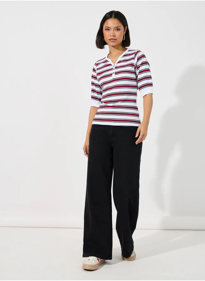 Styli Striped Placket Button V Neck T-Shirt