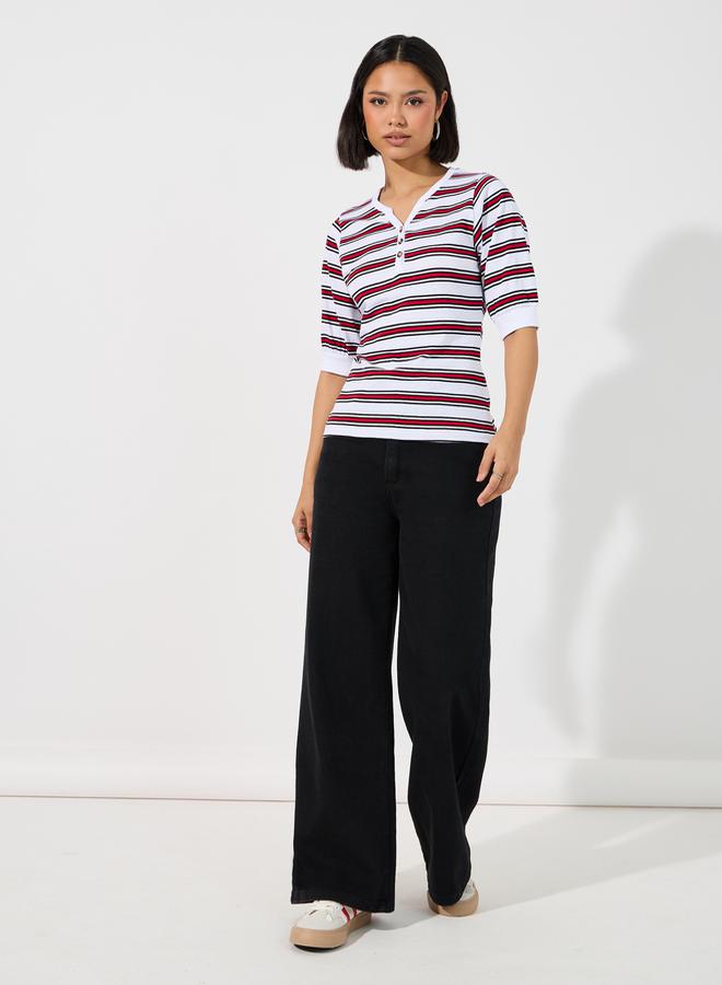 Styli Striped Placket Button V Neck T-Shirt  - Image 2