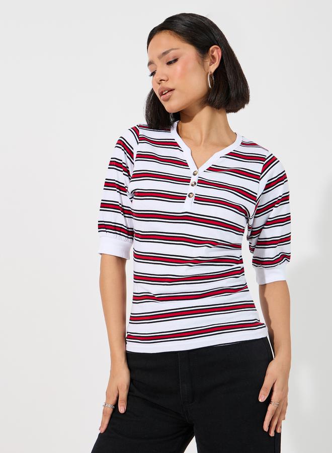 Styli Striped Placket Button V Neck T-Shirt  - Image 4