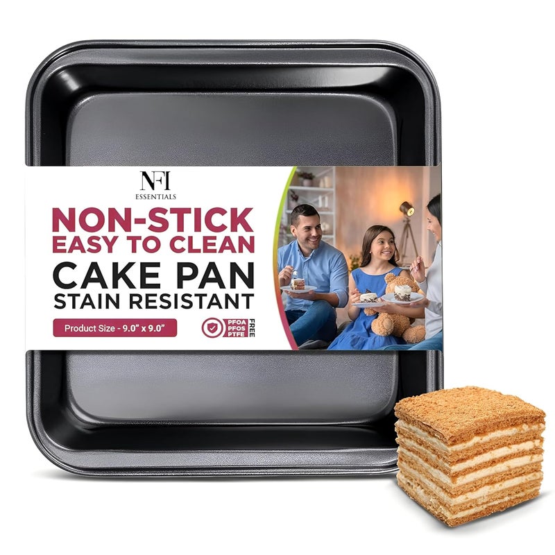 NFI essentials Nonstick Square Cake Baking Pan for Homemade Bakeware for Cakes, Cookies, Brownies, & More and Baking Pan Teflon Coating bakeware Cake pan (9 Inch) - Image 1