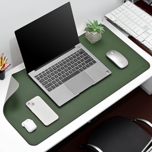AROPANA Vegan Leather Desk Mat | Large Reversible Mouse Pad & Computer Table Protector | Dual-Side Waterproof Extended Laptop Pad with Edge-Stitched Design (90x45CM, Deep Green & Grey) - Image 1