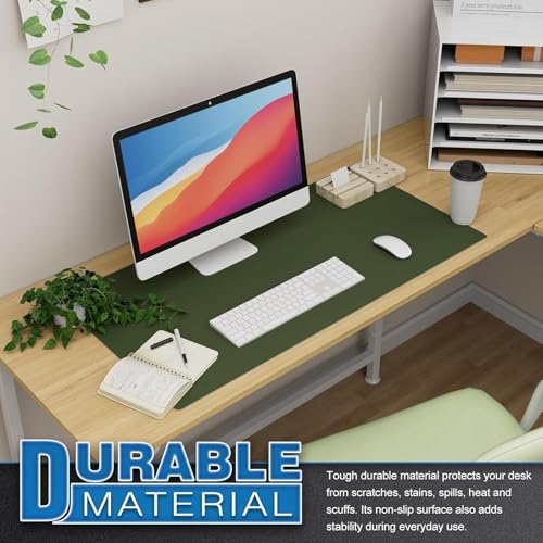 AROPANA Vegan Leather Desk Mat | Large Reversible Mouse Pad & Computer Table Protector | Dual-Side Waterproof Extended Laptop Pad with Edge-Stitched Design (90x45CM, Deep Green & Grey) - Image 3