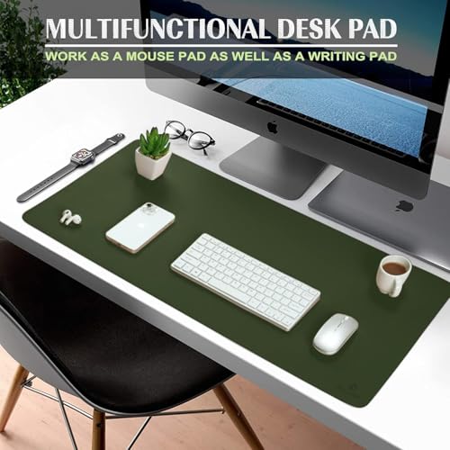 AROPANA Vegan Leather Desk Mat | Large Reversible Mouse Pad & Computer Table Protector | Dual-Side Waterproof Extended Laptop Pad with Edge-Stitched Design (90x45CM, Deep Green & Grey) - Image 2