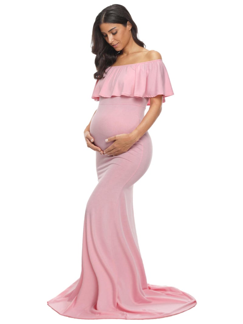 Glampunch Womens Off Shoulder Maternity Dress Ruffles Elegant Slim Gowns Fit Maxi Photography Dress A-Pink - Image 1