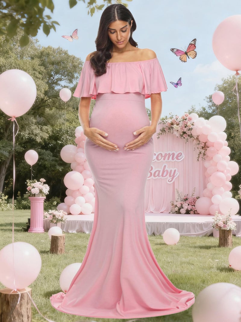 Glampunch Womens Off Shoulder Maternity Dress Ruffles Elegant Slim Gowns Fit Maxi Photography Dress A-Pink - Image 2