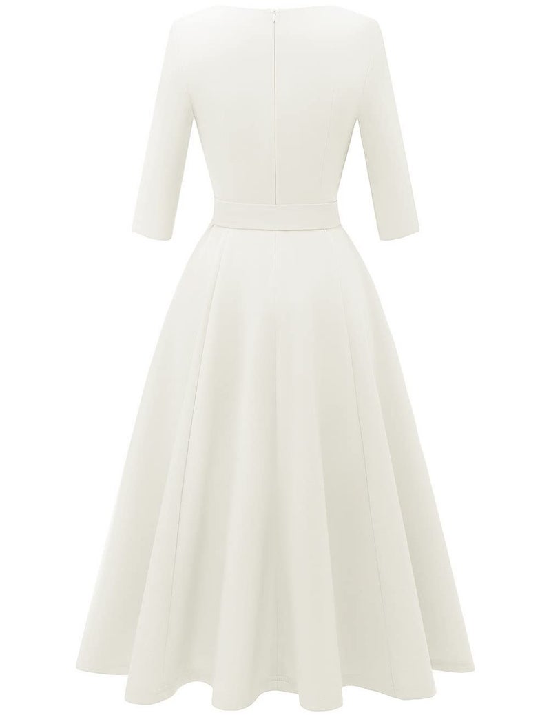 DRESSTELLS White Dress Women for Cocktail Tea Party, Vintage Formal Wedding Guest Church Dress Knee Length, Mother of Bride Long Sleeve Fit Flare Casual Baby Shower Evening Prom, 2026 Spring 2XL - Image 3