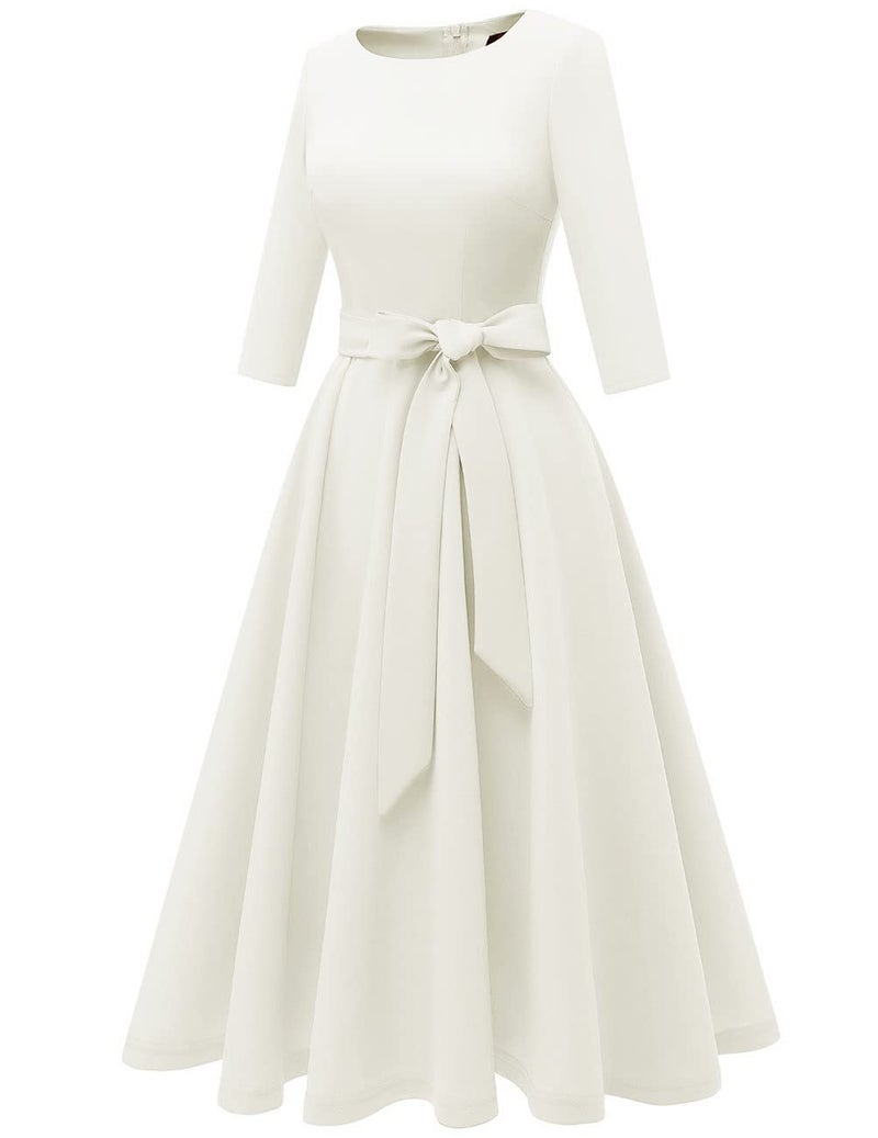 DRESSTELLS White Dress Women for Cocktail Tea Party, Vintage Formal Wedding Guest Church Dress Knee Length, Mother of Bride Long Sleeve Fit Flare Casual Baby Shower Evening Prom, 2026 Spring 2XL - Image 2