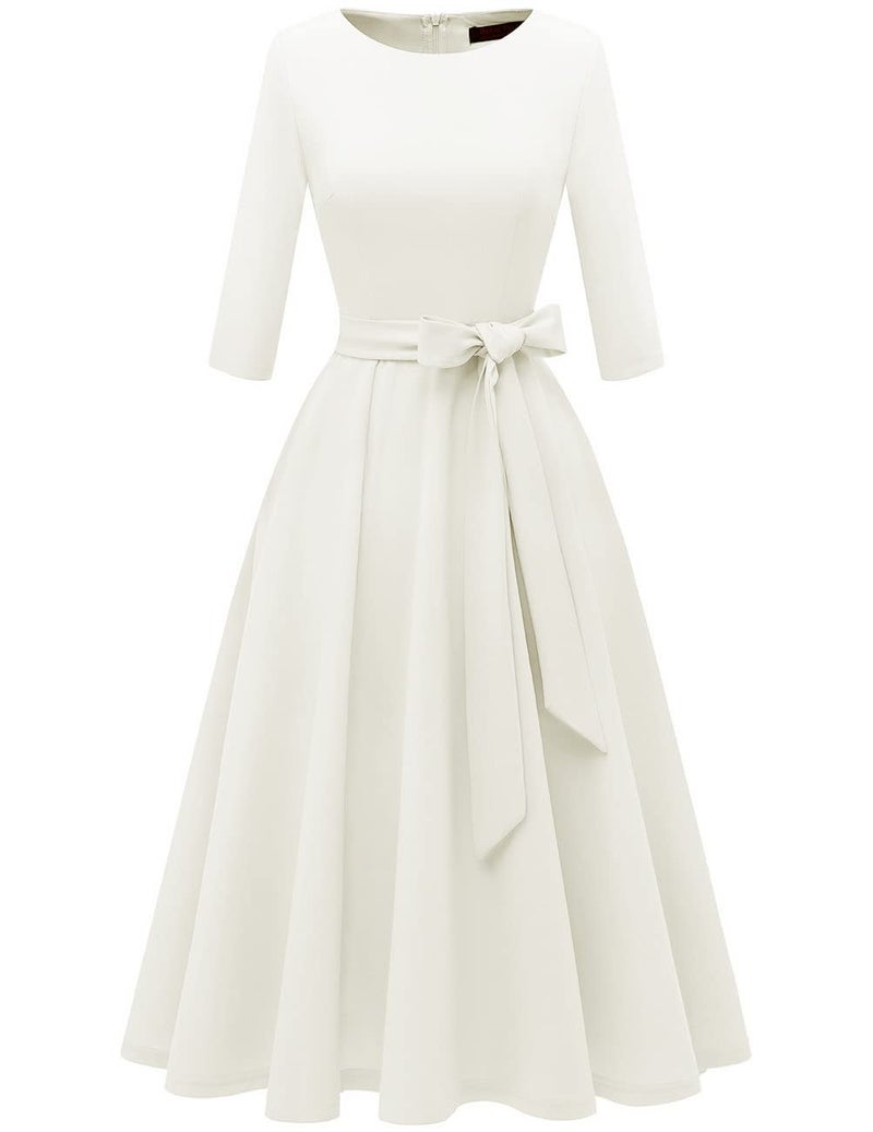 DRESSTELLS White Dress Women for Cocktail Tea Party, Vintage Formal Wedding Guest Church Dress Knee Length, Mother of Bride Long Sleeve Fit Flare Casual Baby Shower Evening Prom, 2026 Spring 2XL - Image 1