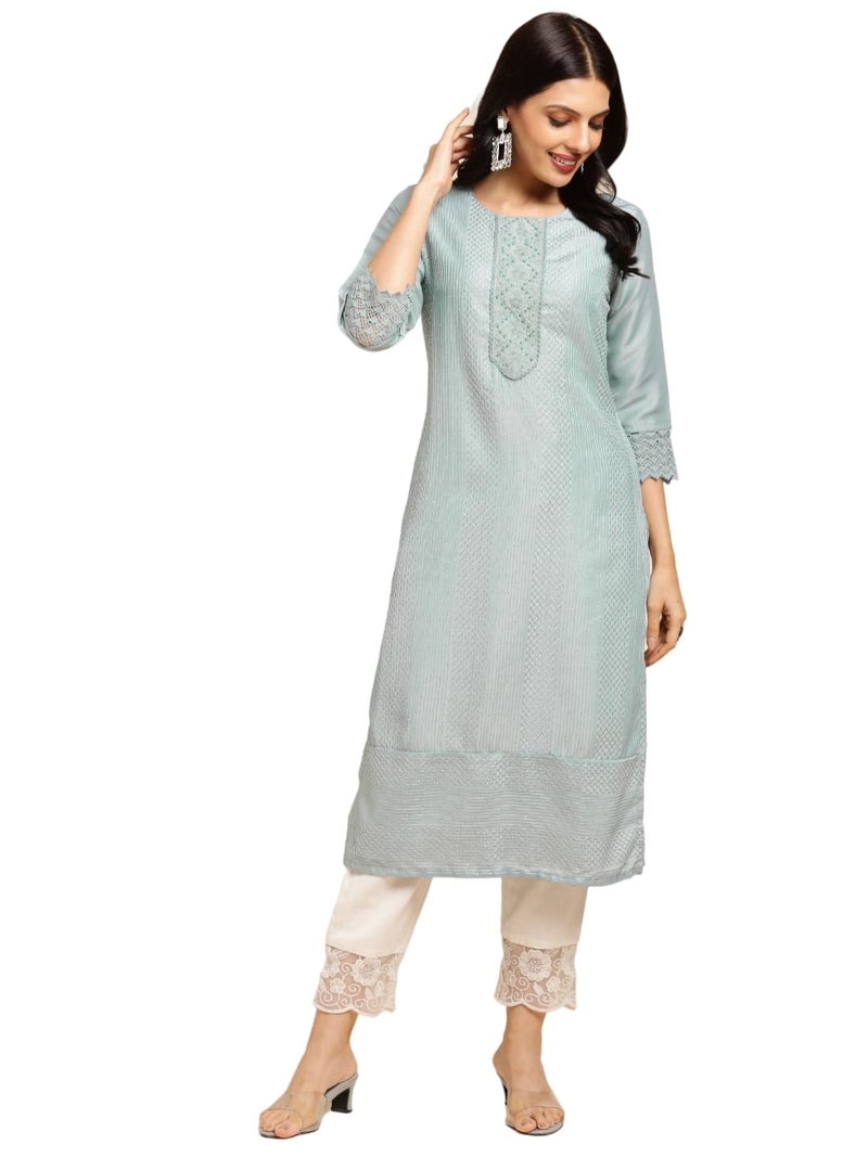 RATAN Women's Art Silk Straight Lucknowi Chikankari Ethnic Wear Kurta (FIZA-806-X-Large_Blue) - Image 1
