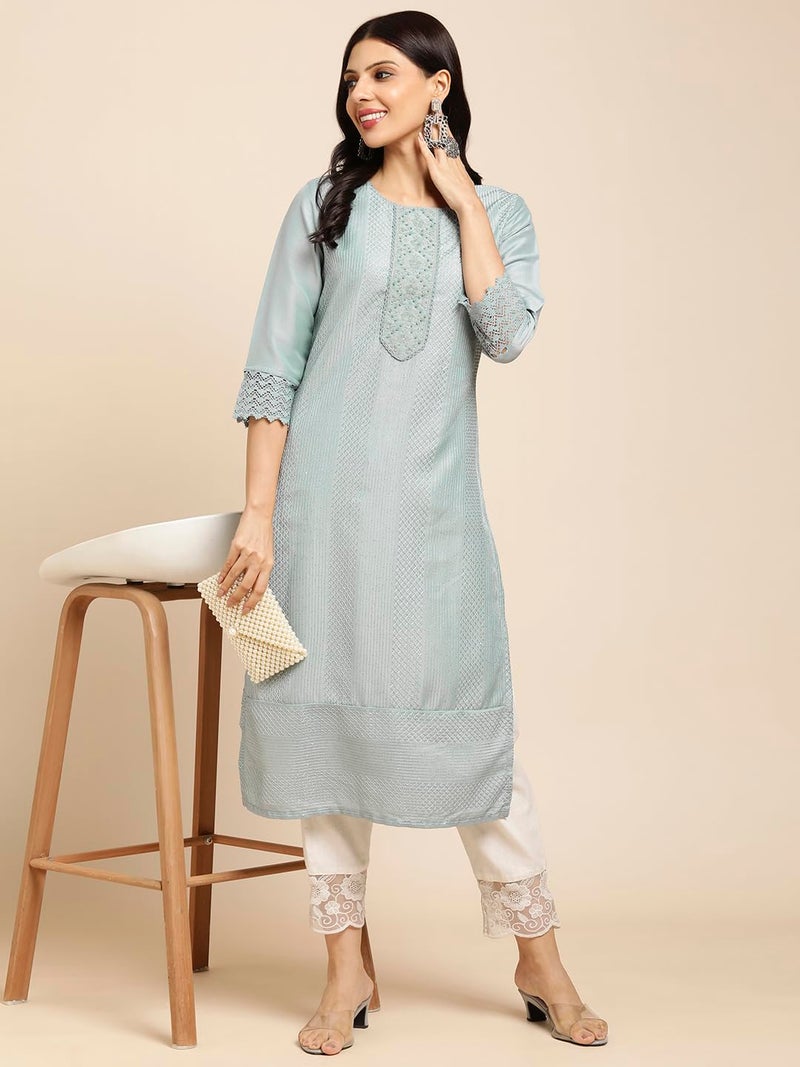 RATAN Women's Art Silk Straight Lucknowi Chikankari Ethnic Wear Kurta (FIZA-806-X-Large_Blue) - Image 4