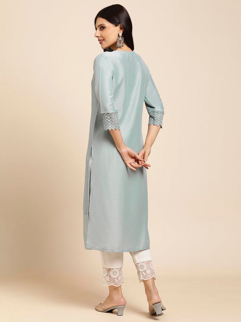 RATAN Women's Art Silk Straight Lucknowi Chikankari Ethnic Wear Kurta (FIZA-806-X-Large_Blue) - Image 3