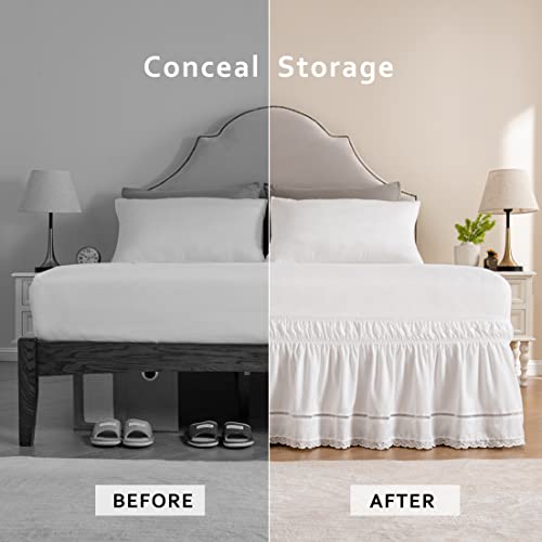 MIYE Wrap Around Ruffled Lace Bed Skirt, Elastic Dust Ruffle with Adjustable Belts,15 Inch Drop Easy to Put On, Bed Frame Cover, Machine Washable (Floral Lace, Full/Twin-15) - Image 3