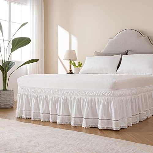 MIYE Wrap Around Ruffled Lace Bed Skirt, Elastic Dust Ruffle with Adjustable Belts,15 Inch Drop Easy to Put On, Bed Frame Cover, Machine Washable (Floral Lace, Full/Twin-15) - Image 2