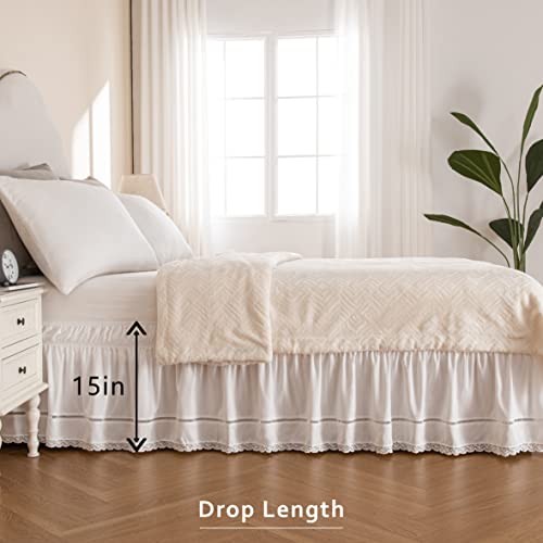 MIYE Wrap Around Ruffled Lace Bed Skirt, Elastic Dust Ruffle with Adjustable Belts,15 Inch Drop Easy to Put On, Bed Frame Cover, Machine Washable (Floral Lace, Full/Twin-15) - Image 4