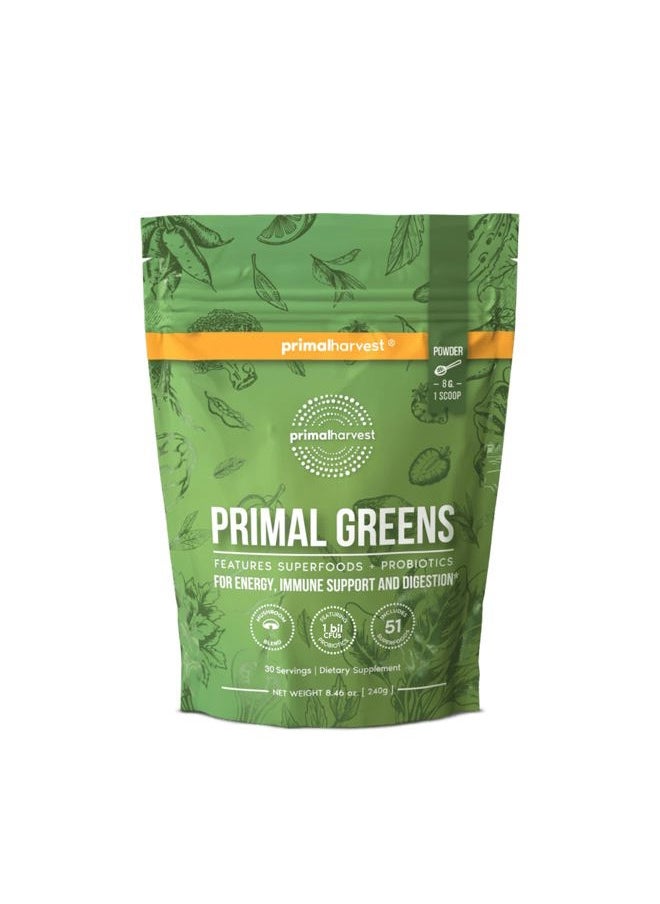 Primal Harvest Super Greens Powder, 30 Servings w/+50 Greens Superfood Chlorella, Probiotics, Green Tea, Wheatgrass, Kale, Turmeric for Energy,Primal Greens  - Image 1