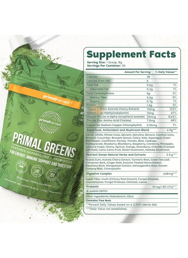 Primal Harvest Super Greens Powder, 30 Servings w/+50 Greens Superfood Chlorella, Probiotics, Green Tea, Wheatgrass, Kale, Turmeric for Energy,Primal Greens  - Image 2