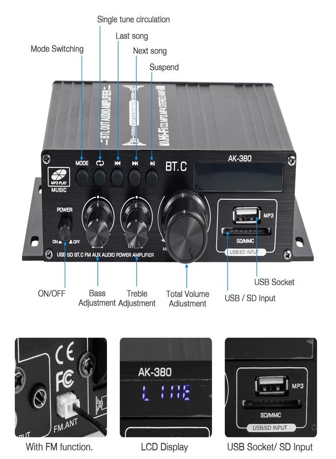 Hosyond مضخم صوت بلوتوث 5.0 من هوسيوند، AMP 2.0 قناة، مستقبل صوت ستيريو عالي الدقة (HiFi) مع ترددات عالية ومنخفضة، مناسب لمكبرات الصوت السلبية وأنظمة المسرح المنزلي والسيارات. - Image 3