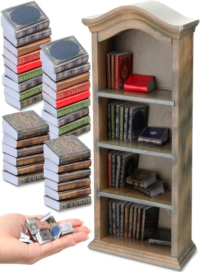 Poen 27 Pcs 1: 12 Scale Miniatures Dollhouse Books and a Wooden Bookcase 4 Floors Dollhouse Bookshelf Decoration Accessories for House Bedroom, Vintage Color - Image 1