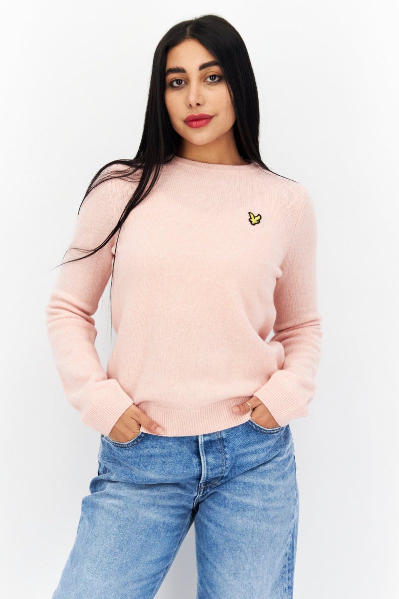 Lyle & Scott Women Crew Neck Embroidered Logo Knitted Sweater, Light Pink - Image 1