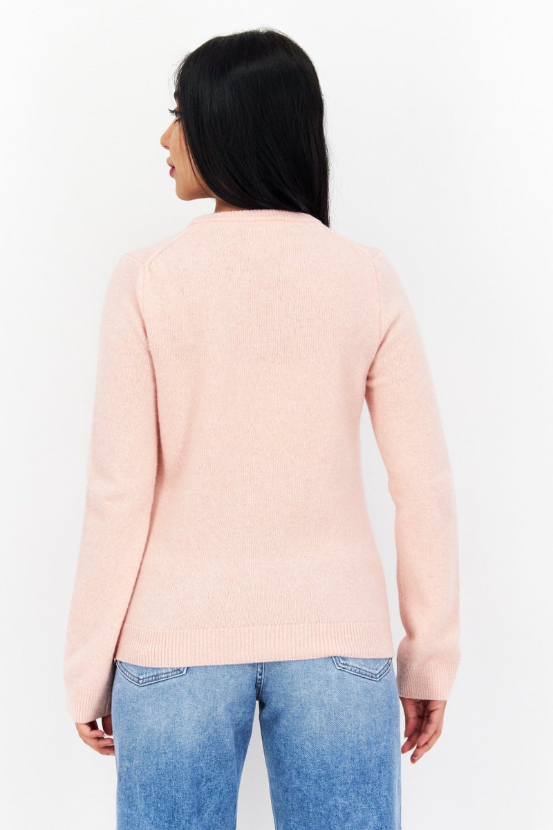 Lyle & Scott Women Crew Neck Embroidered Logo Knitted Sweater, Light Pink - Image 4