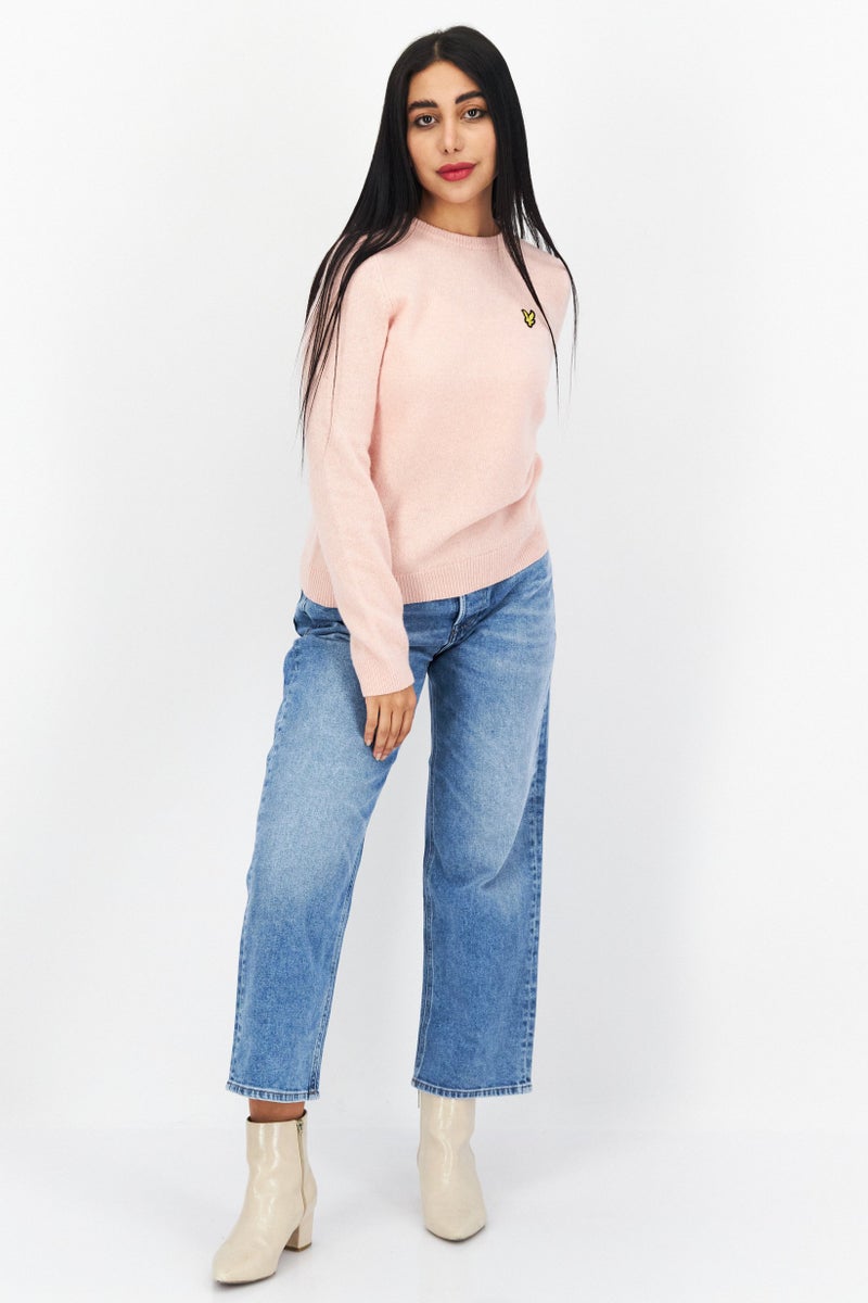 Lyle & Scott Women Crew Neck Embroidered Logo Knitted Sweater, Light Pink - Image 3