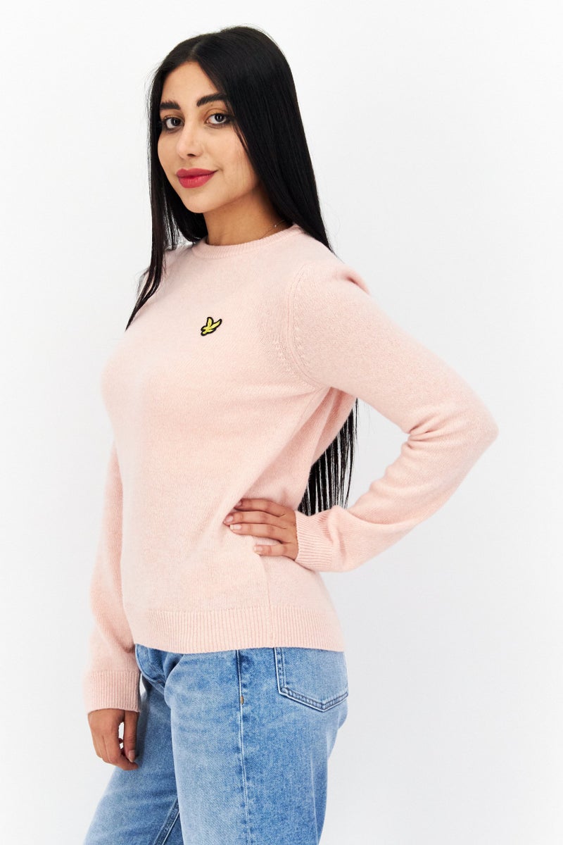 Lyle & Scott Women Crew Neck Embroidered Logo Knitted Sweater, Light Pink - Image 2