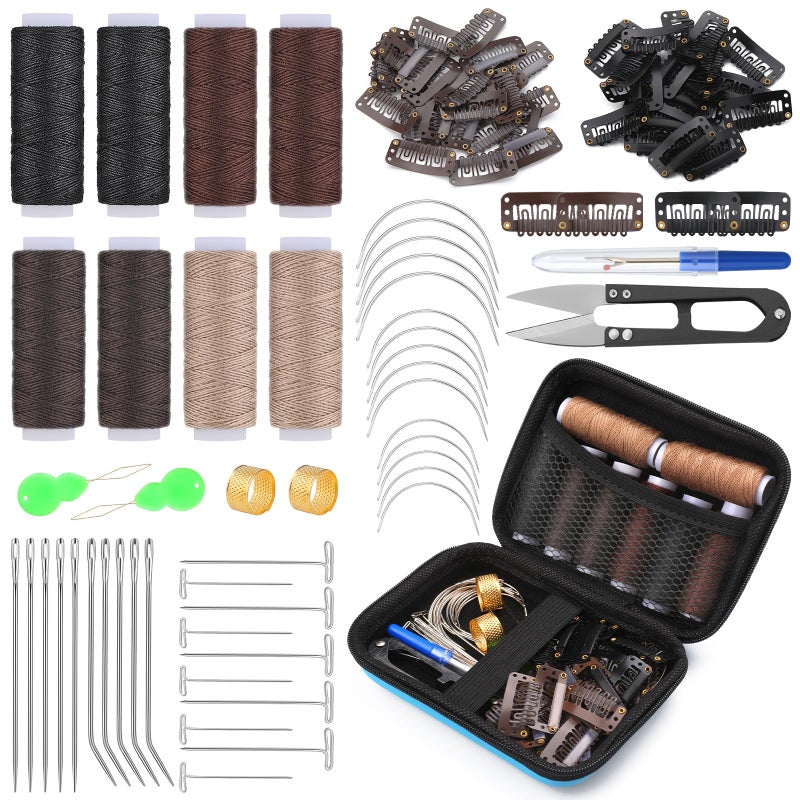 Ftyiwu 100PCS Hair Extension Clip Wig Making Set, 8 Rolls Hair Weave Sewing Thread with 50PCS Metal Snap Clips, I/J/T/C Needles and Storage Bag for DIY Wig Making Hand Sewing - Image 1