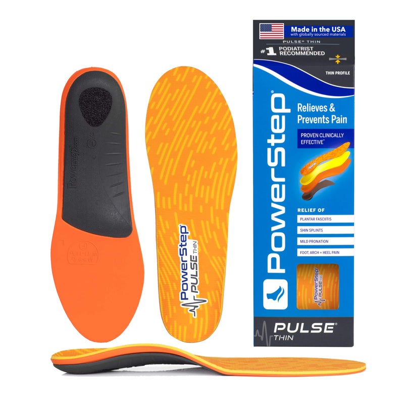 PowerStep Pulse Thin Orthotics Arch Support Inserts Pain Relief for Cleats Tight Running Shoes Insoles for Plantar Fasciitis Relief Mild Pronation Shin Splints Unisex Made in the USA