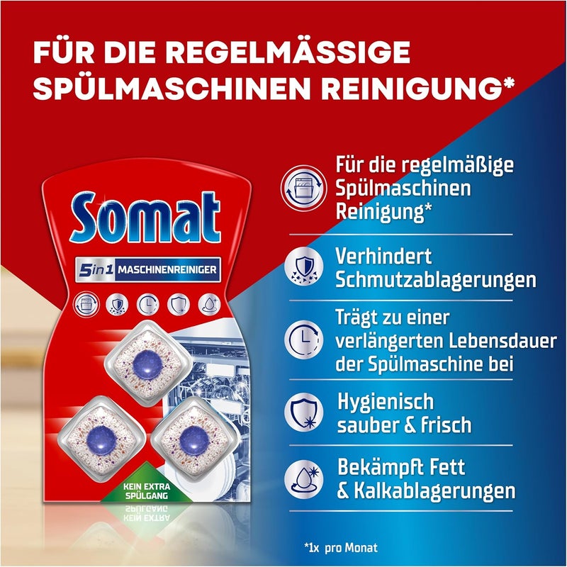 SOMAT 5-in-1 machine cleaner (3 WL), anti-limescale dishwasher cleaner for monthly use, cleaning tabs for the dishwasher for longer life, without extra rinse cycle - Image 4