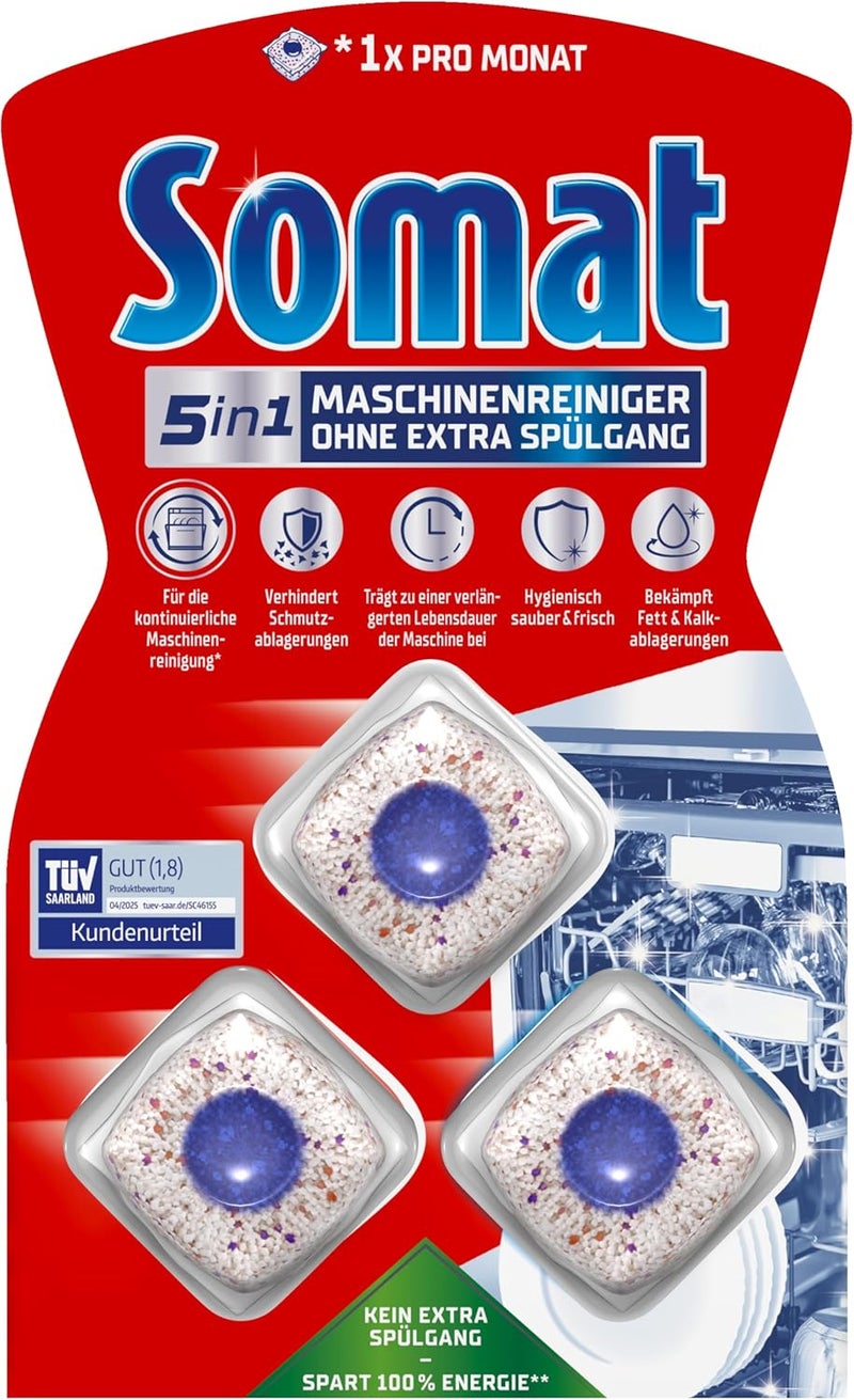 SOMAT 5-in-1 machine cleaner (3 WL), anti-limescale dishwasher cleaner for monthly use, cleaning tabs for the dishwasher for longer life, without extra rinse cycle - Image 2