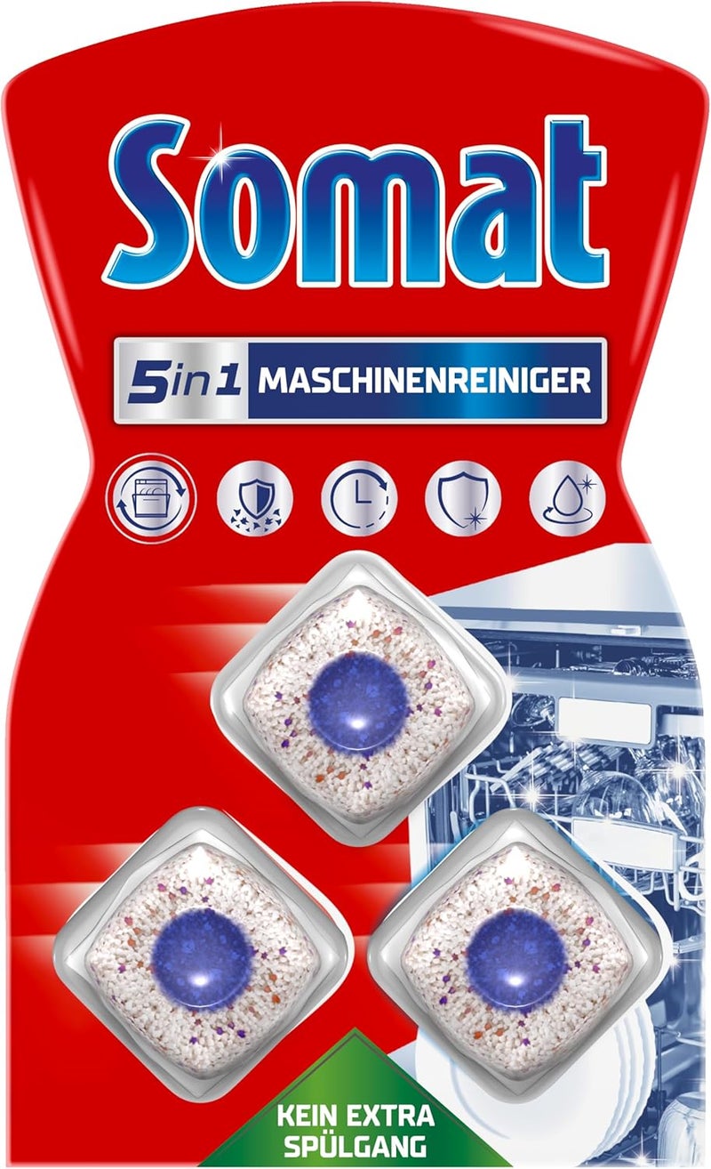 SOMAT 5-in-1 machine cleaner (3 WL), anti-limescale dishwasher cleaner for monthly use, cleaning tabs for the dishwasher for longer life, without extra rinse cycle - Image 1