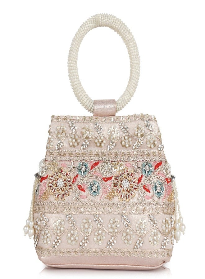 Nevis Stylish Embroidery Unique Design Traditional Wedding Party Handheld Potli Bag For Women (PINK) - Image 1