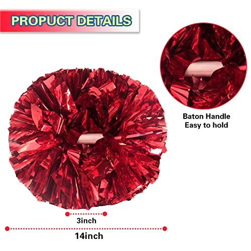 Lovecheer 2PCS Red Pom Poms Cheerleading Metallic Cheer Squad Pompoms with Baton Handle for Sports Team Spirit New Year Party Cheering - Image 2