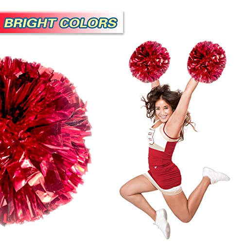 Lovecheer 2PCS Red Pom Poms Cheerleading Metallic Cheer Squad Pompoms with Baton Handle for Sports Team Spirit New Year Party Cheering - Image 3